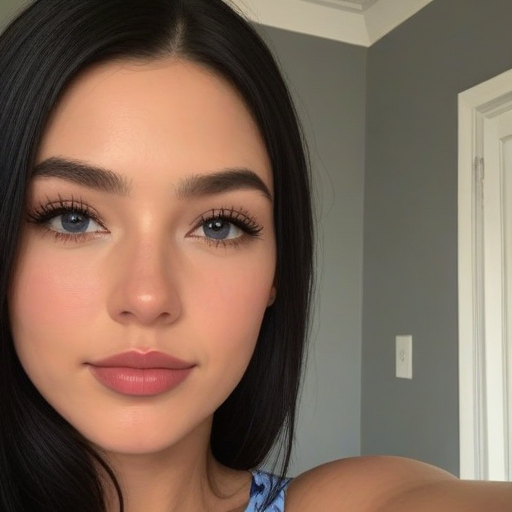 Close-Up Portrait of a Woman with Blue Eyes and Long Black Hair in a Modern Gray Room, Natural Makeup, Soft Lighting, Photorealistic Photography