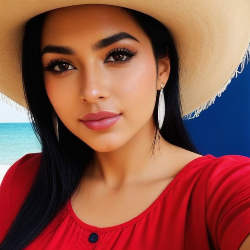 Photorealistic Portrait of a Woman in Red Top and Wide-Brimmed Straw Hat by the Beach with Turquoise Ocean and Blue Sky Background