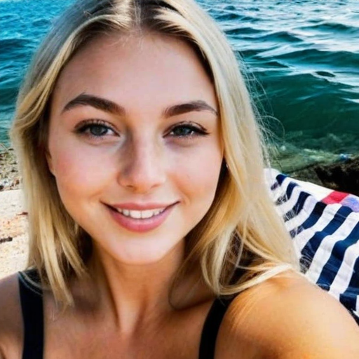 Sunny beach portrait of a smiling blonde woman in black bikini top by turquoise ocean water with striped towel capturing summer mood and natural lighting