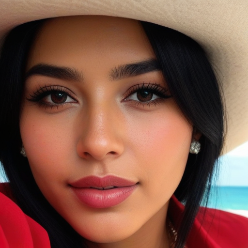 Sunny Beach Portrait of a Woman in Red Outfit and Beige Hat, Photorealistic Close-Up with Vibrant Blue Sky and Warm Makeup