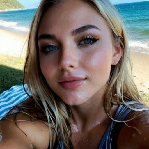 Stunning beach portrait of a woman with wet hair, glamorous makeup, and radiant skin enjoying a sunny day by the ocean