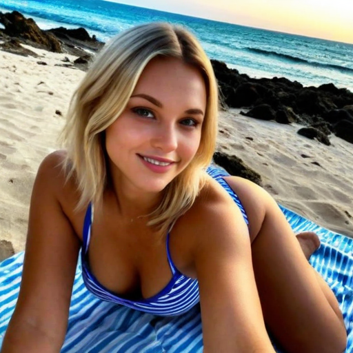 Stylish Beach Portrait of a Smiling Woman in Blue Striped Swimsuit on Sandy Shore with Ocean and Sunset Background