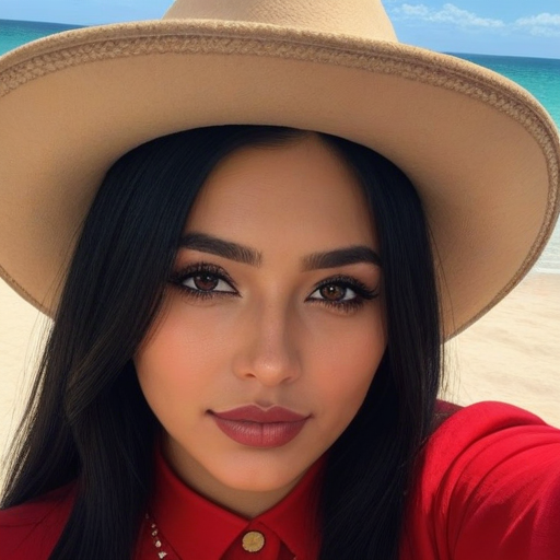 Photorealistic Beach Portrait of a Woman Wearing Red Shirt and Tan Wide-Brim Hat on Sunny Day with Ocean and Sandy Shore Background | Summer Outfit Ideas Natural Light Photography