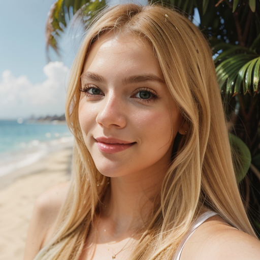Photorealistic Beach Portrait of a Young Woman with Long Blonde Hair in Sunlit Summer Setting, Bright Blue Sky and Palm Trees, Relaxed Coastal Mood