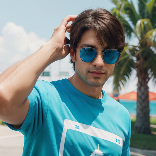 Confident young man in teal t-shirt and blue reflective sunglasses posing outdoors on sunny day with palm trees and clear sky background