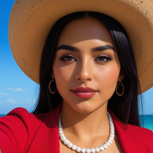 Stylish Woman in Red Blazer and White Pearl Necklace on Sunlit Beach with Blue Sky and Ocean View Summer Fashion Portrait Photography