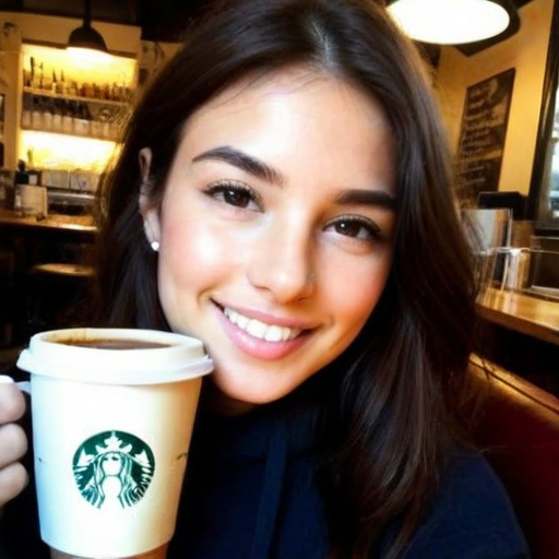 Photorealistic Portrait of a Smiling Woman Holding a Starbucks Coffee Cup in a Warm-Lit Café Setting, Capturing Joyful Mood and Casual Lifestyle