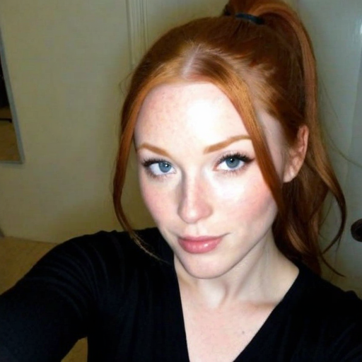 Red-haired woman with striking blue eyes in a high ponytail wearing black top, soft natural lighting portrait photograph with subtle makeup for a fresh and elegant look