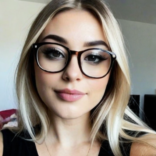 Beautiful blonde woman wearing black cat-eye glasses with natural makeup, soft lighting and warm tones in a casual indoor setting for a stylish portrait