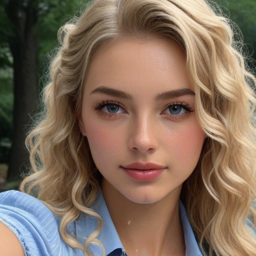 Close-up portrait of a woman with voluminous blonde curly hair wearing a light blue shirt, soft natural lighting, serene expression, outdoor background with greenery, photorealistic style