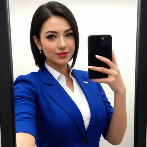 Confident Business Woman Taking Selfie in Blue Suit, Professional Portrait Photography with Bold Colors and Modern Office Background for Corporate Success