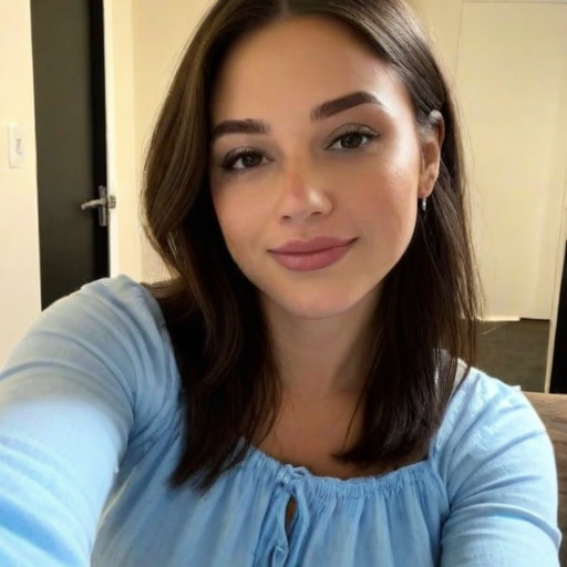 Confident woman taking a natural light selfie portrait in light blue top with soft makeup, relaxed indoor setting showcasing straight brown hair and confident smile
