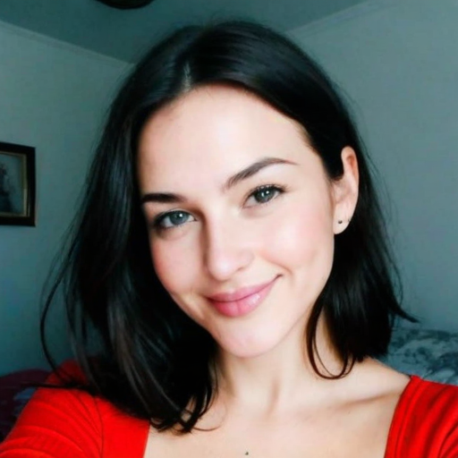 Photorealistic portrait of a smiling woman with dark hair wearing a red top in a casual indoor setting with natural light, capturing a warm and friendly mood