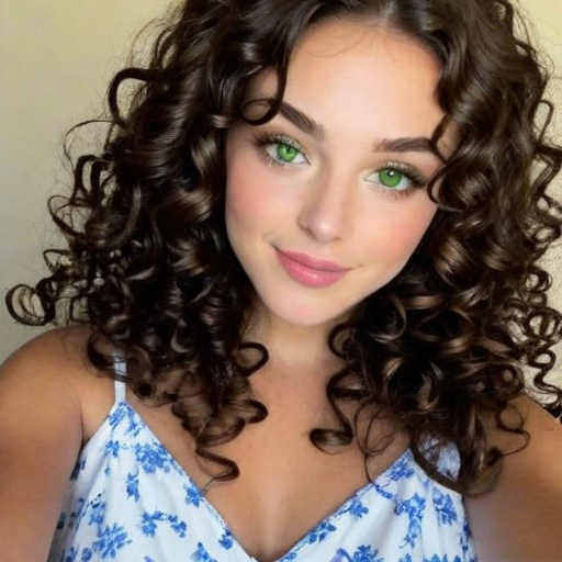 Stunning portrait of a woman with voluminous curly brown hair, striking green eyes, and a blue floral white dress, capturing a soft and vibrant mood in a professional photography style