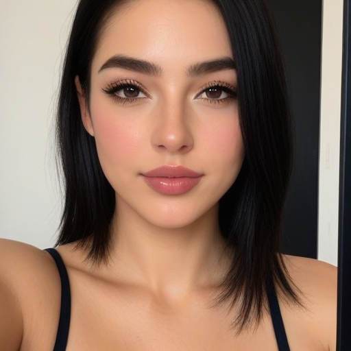 Photorealistic close-up portrait of a woman with sleek black hair, soft makeup, and confident expression in warm neutral tones, capturing elegant beauty and natural skin texture
