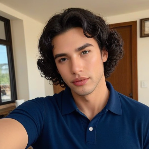 Photorealistic Portrait of a Young Man with Curly Dark Hair Wearing a Blue Polo Shirt in a Modern Home Interior with Natural Lighting, Calm Confident Mood