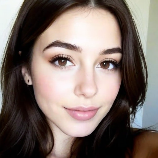 Stunning close-up portrait of a woman with natural makeup, soft lighting, and warm brown hair showcasing confident elegance and serene beauty in a photorealistic style