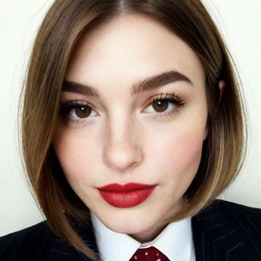 Close-up portrait of a woman with bold red lipstick, pinstripe suit, and polished makeup exuding confidence in professional photography style