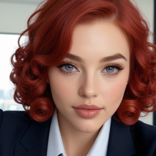 Photorealistic Portrait of a Woman with Vivid Red Curly Hair Wearing a Dark Business Suit and White Shirt, Soft Lighting Enhances Professional and Confident Mood, Detailed Facial Features and Rich Color Palette