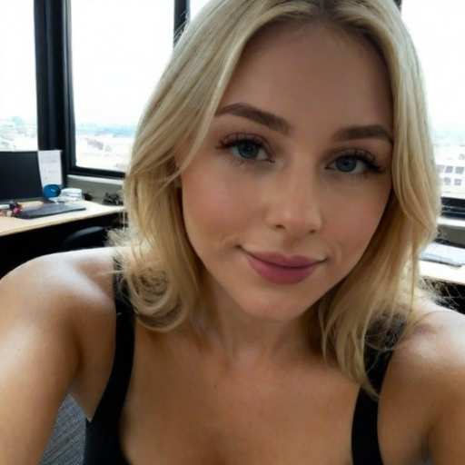 Confident Professional Woman with Blonde Hair and Blue Eyes in Business Casual Attire Taking a Photorealistic Portrait Photo in a Modern Office Environment
