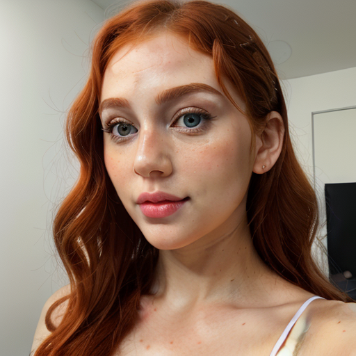 Close-up portrait of a woman with vibrant red wavy hair, natural makeup, and soft lighting in a minimalist indoor setting