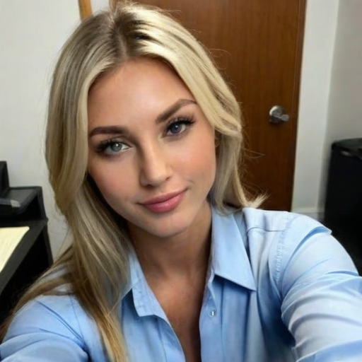 Portrait of a Young Woman with Long Blonde Hair Wearing a Light Blue Shirt in an Office Setting with Soft Lighting and Natural Makeup for a Professional Mood