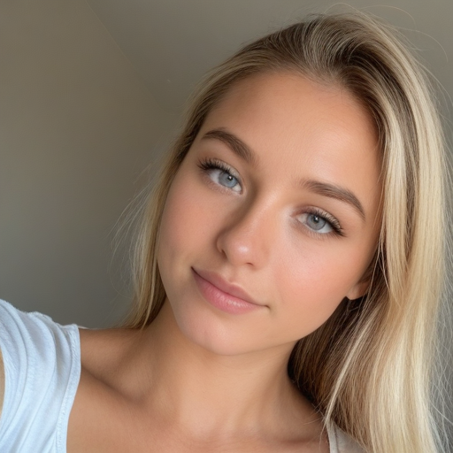 Close-up portrait of a woman with soft blonde hair, natural makeup, and serene expression in a bright indoor setting with warm tones and photorealistic style