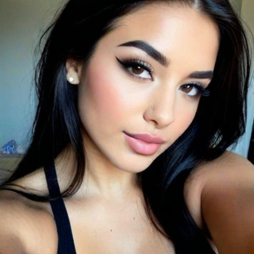 Photorealistic close-up portrait of a woman with flawless makeup, dark hair, and elegant style, showcasing confidence and beauty in soft lighting