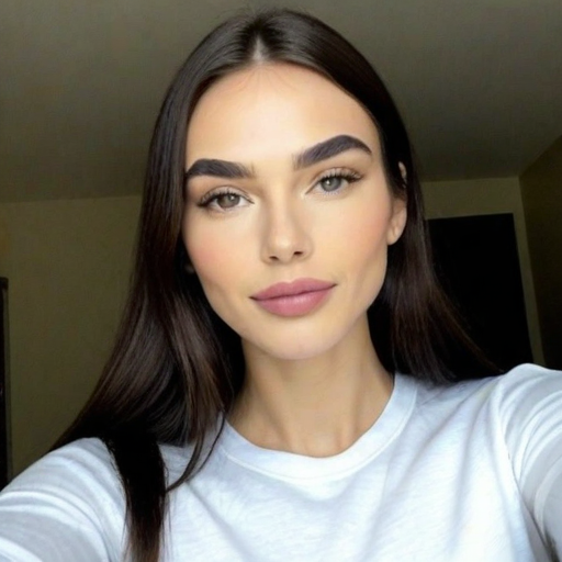 Portrait of a Woman with Long Brown Hair in White Top, Photorealistic Style, Soft Lighting, Calm Mood, Close-Up Composition for Beauty and Social Media Content