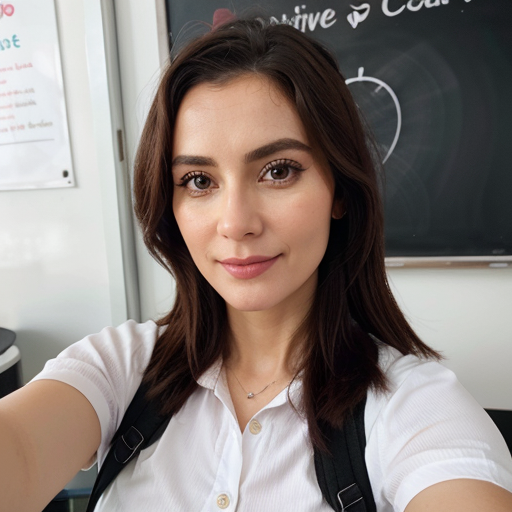 Professional Self-Portrait of a Young Woman in Classroom Setting with Blackboard Background, Natural Light Photography, White Button-Up Shirt, Backpack, Soft Makeup, Educational Lifestyle Image