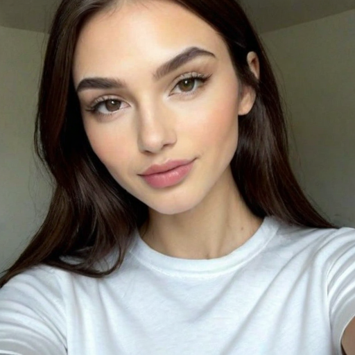 Close-up self-portrait of a woman with long brown hair, natural makeup, white t-shirt, soft indoor lighting, serene expression, beauty photography for skincare and makeup inspiration