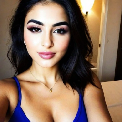 Photorealistic Self-Portrait of a Woman with Bold Makeup and Deep Blue Top in Indoor Setting, Warm Lighting, Confident Pose