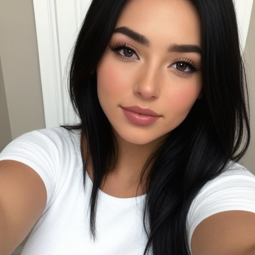 Close-Up Selfie Portrait of a Woman with Long Black Hair in Natural Light, Stunning Beauty Makeup, Confident and Serene Mood
