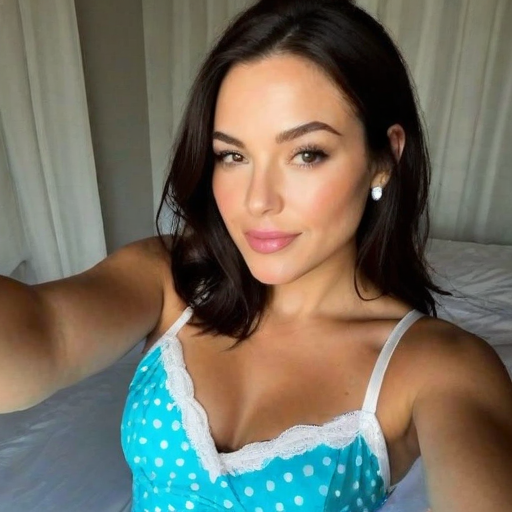 Photorealistic Self-Portrait of a Confident Woman in Turquoise Polka-Dot Lingerie with White Lace Trim, Indoor Natural Light Setting, Casual Beauty Mood
