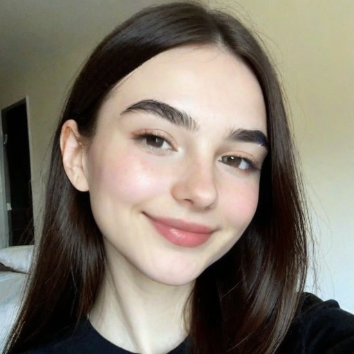 Close-Up Portrait of a Woman Smiling in Natural Light with Long Brown Hair, Soft Makeup, and Warm Indoor Setting Selfie Photography