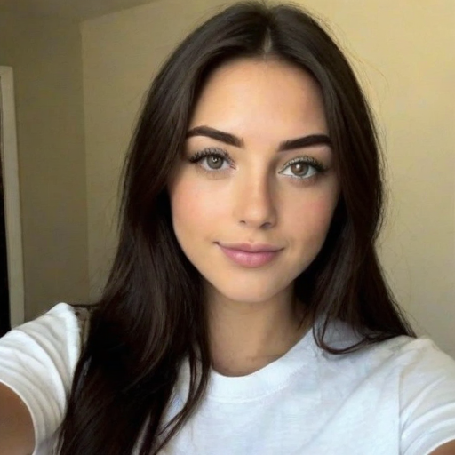 Elegant young woman with long flowing dark hair and natural makeup taking a close-up selfie in a softly lit indoor setting, perfect for beauty and portrait photography inspiration