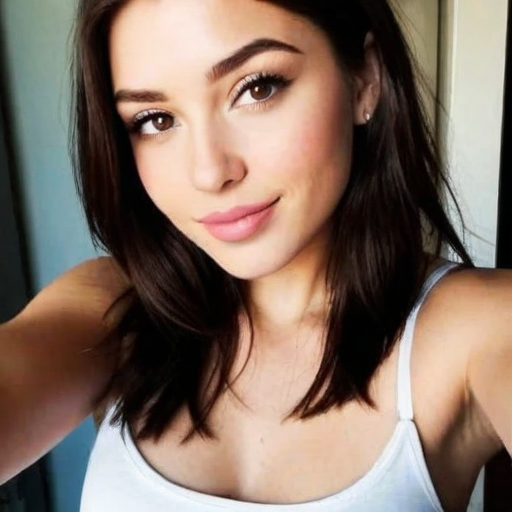 Self-Portrait of a Woman with Dark Shoulder-Length Hair in Natural Light, Wearing White Tank Top, Subtle Makeup, and Calm Expressive Smile - Beauty Portrait Photography