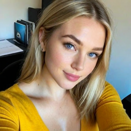 Stylish Young Woman in Yellow Knit Top Taking a Selfie in Office Setting with Natural Light and Professional Background for Social Media or Business Profiles