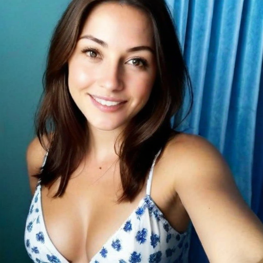Photorealistic Self-Portrait of a Woman Wearing a Blue Floral Dress Smiling Against a Soft Blue Curtain Background