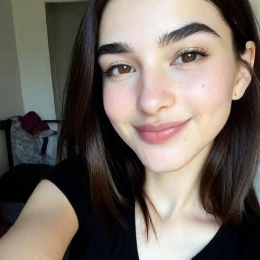 Close-up natural light photograph of a smiling woman with shoulder-length brown hair in a casual indoor setting, showcasing soft skin tones, subtle makeup, and a relaxed mood for authentic beauty photography