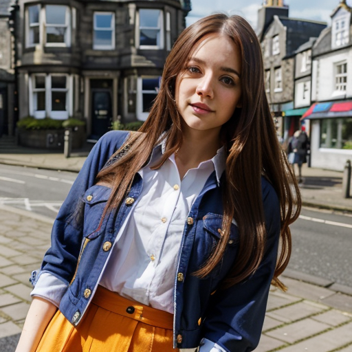 A stylish portrait of a woman in a blue denim jacket and orange skirt standing on a sunlit urban street with historic buildings, capturing a casual summer mood and vibrant color contrast