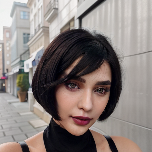 Photorealistic portrait of a confident woman with sleek black bob haircut, bold red lipstick, and city street background featuring vibrant urban atmosphere and striking fashion