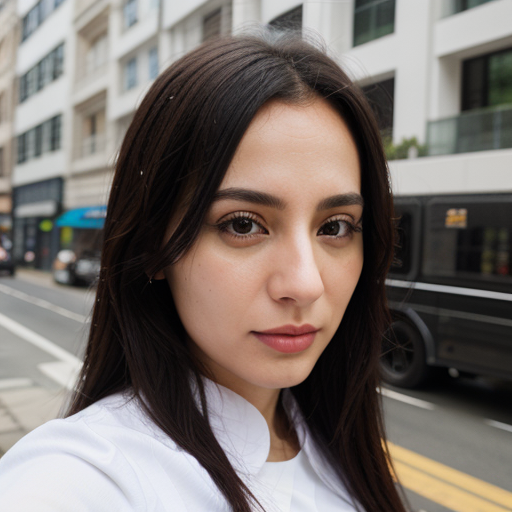 Photorealistic Portrait of a Woman in Urban Street Setting with City Buildings and Bus in Background, Natural Light, Confident Expression