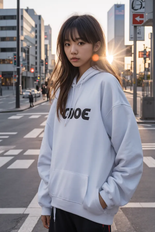 Young woman wearing light blue oversized hoodie standing on city street at sunset with urban background and natural light photography