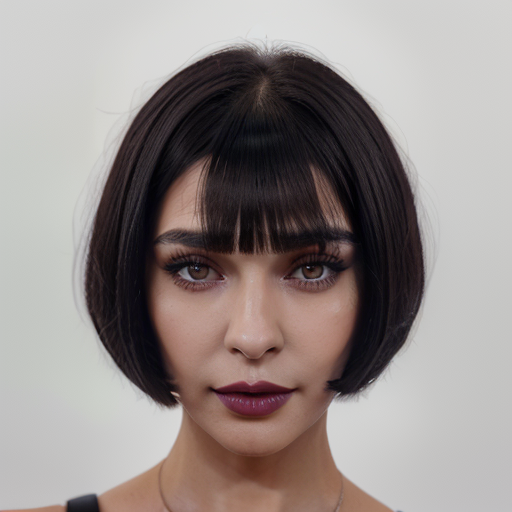 Stylish Portrait of a Woman with Short Bob Haircut and Dark Bangs, Dark Lipstick, Natural Makeup, Studio Lighting, Clean Background, Modern Fashion, Photorealistic Detail