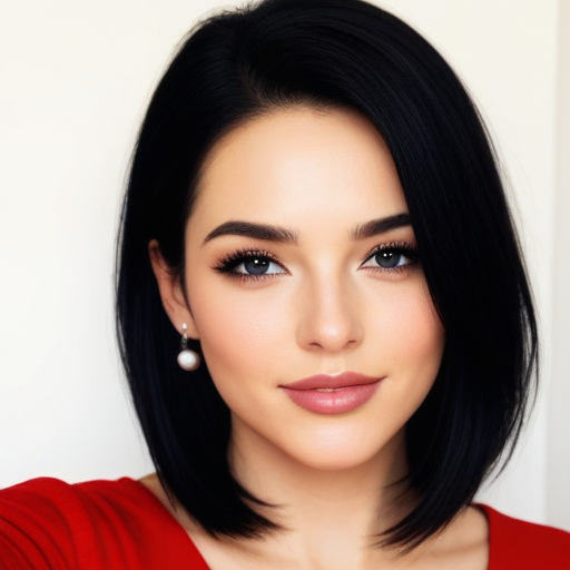 Photorealistic portrait of a woman with short black hair wearing a red top and pearl earrings in a studio setting with soft lighting and confident expression