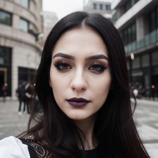 Stylish Urban Portrait of a Woman with Dark Plum Lipstick and Dramatic Eyeliner in a Modern City Center, Photorealistic Shot with Long Dark Hair and Urban Backdrop
