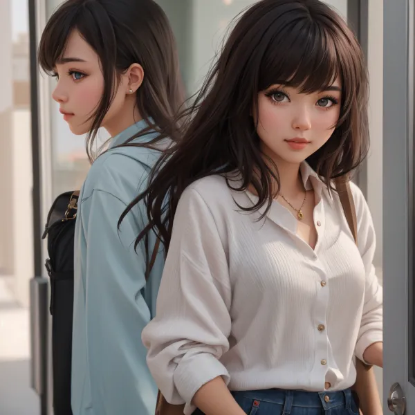 Stylish AI-generated digital illustration of two young women in modern urban attire, one facing forward in white button-up blouse and blue jeans, other in profile with light blue shirt and backpack