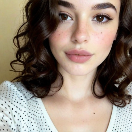 Photorealistic Close-Up Portrait of a Woman with Curly Brown Hair, Light Makeup, and Polka Dot Blouse on Beige Background