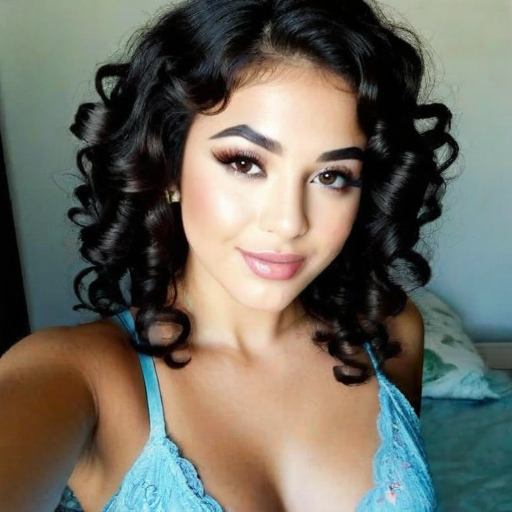 Elegant Portrait of a Woman with Voluminous Curly Hair, Winged Eyeliner Makeup, and Light Blue Lace Top in Soft Natural Lighting Setting